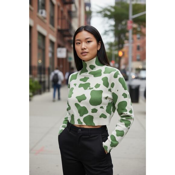 Zara Crop Sweater Sz Small Green Cream Cow Print Mock Neck Top Long-Sleeve - Picture 2 of 7